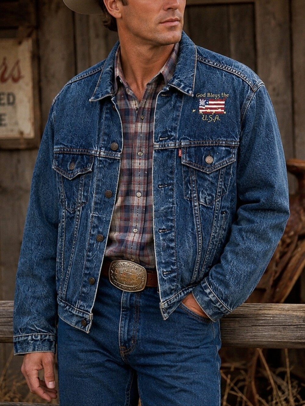 Vintage Levi’s Blue Denim western trucker Jacket Size 46 Patriotic Made in USA
